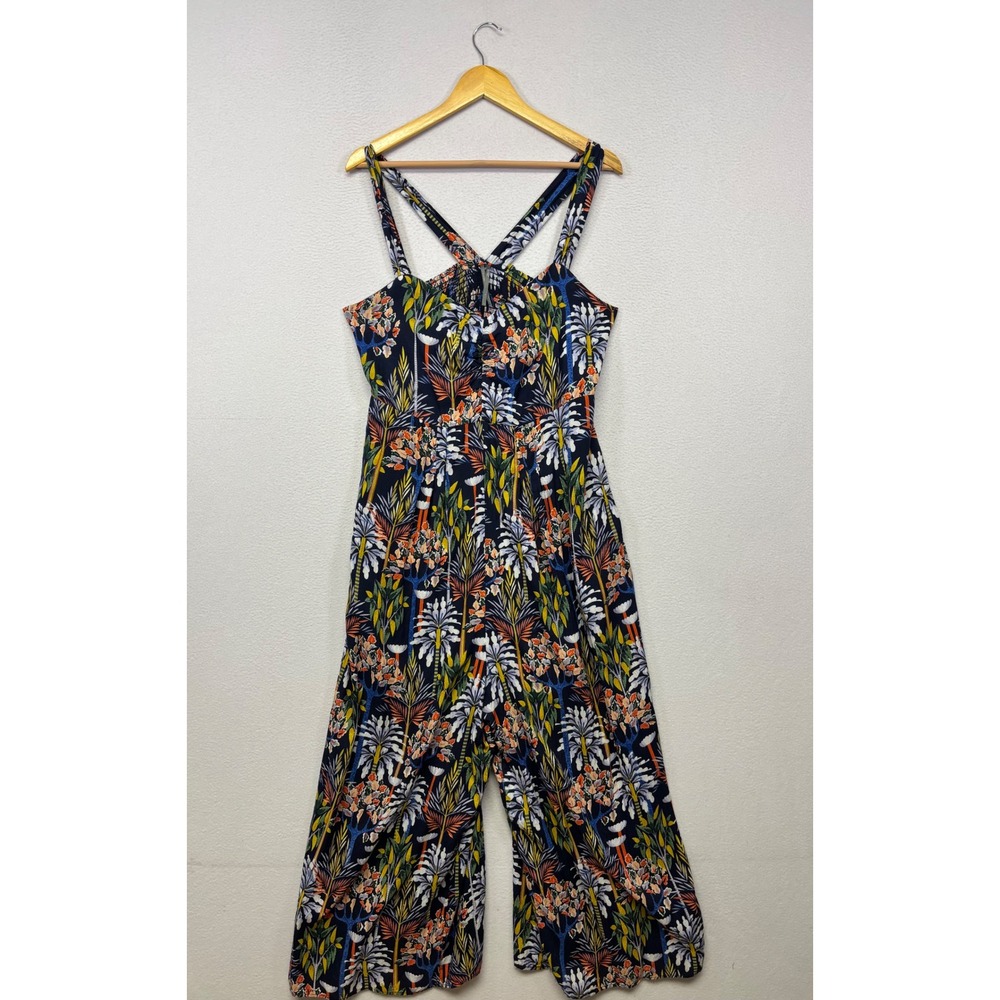 Boho Tropical Anthropologie Womens Large Navy Floral Smocked Wide Leg Jumpsuit